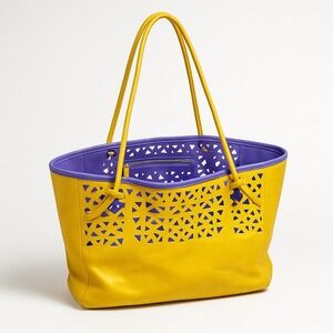 Beth Levine New York Tote Bag Large Yellow Purple‎ Laser Cut Lattice Leather